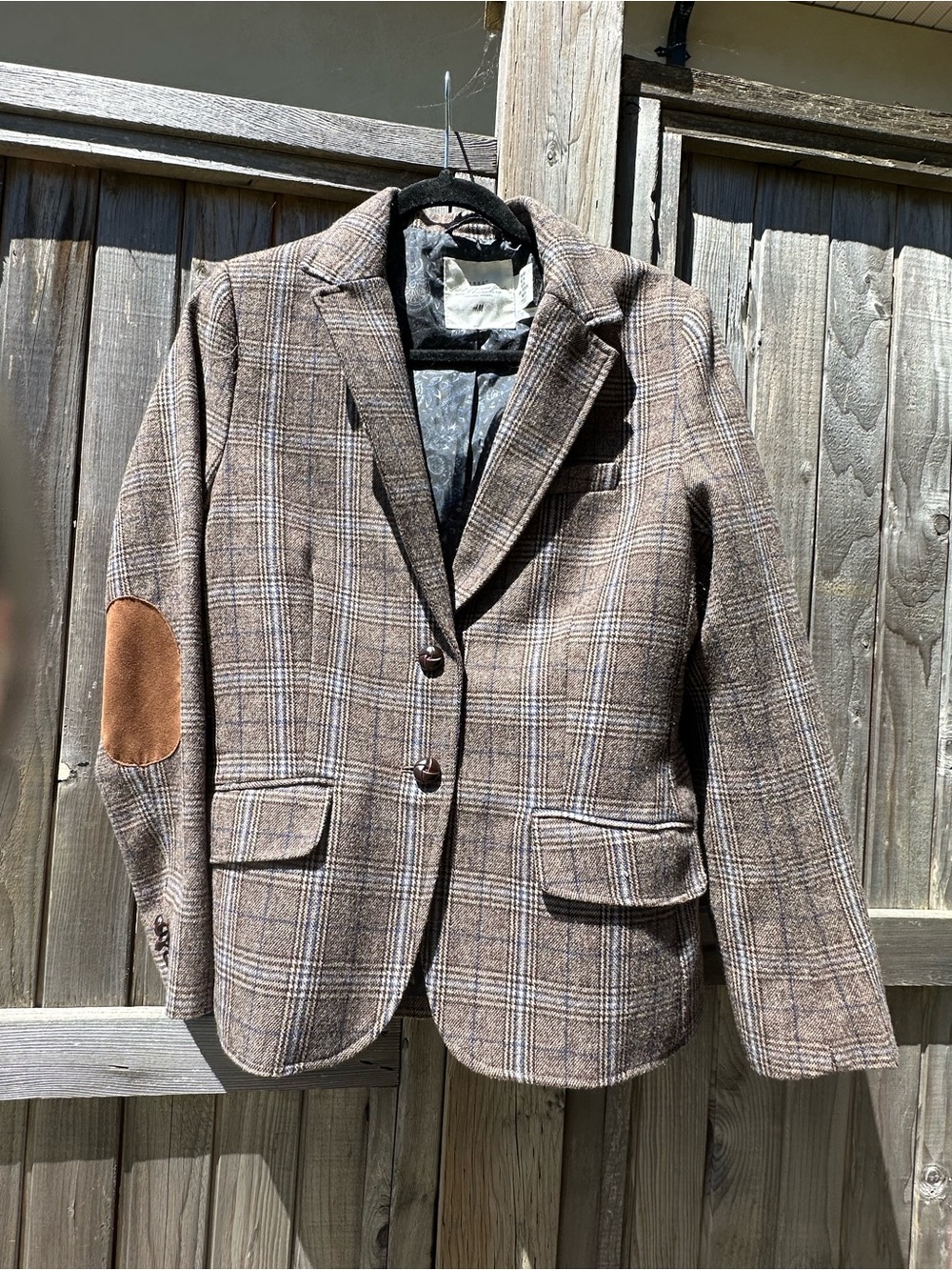 H&M Brown Plaid Blazer with Tan Elbow Patches